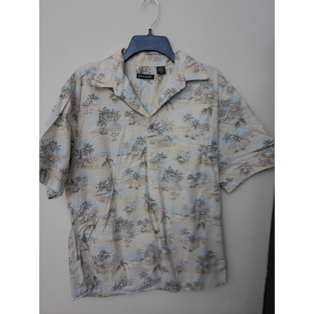 Pierre Cardin Hawaiian Shirt Mens Beige Tropical Palm Tree Print Camp Button M